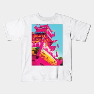 Chinese Colorful Pink Blue and Yellow Floral Asian Architecture with Light Blue Sky at China Festival in Botanical Flower Garden Kids T-Shirt